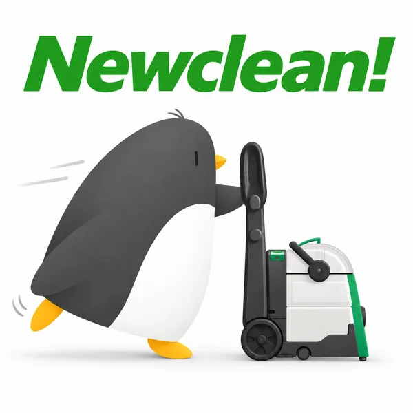 Newclean penguin mascot pushing a Bissell Big Green carpet cleaner under the Newclean logo
